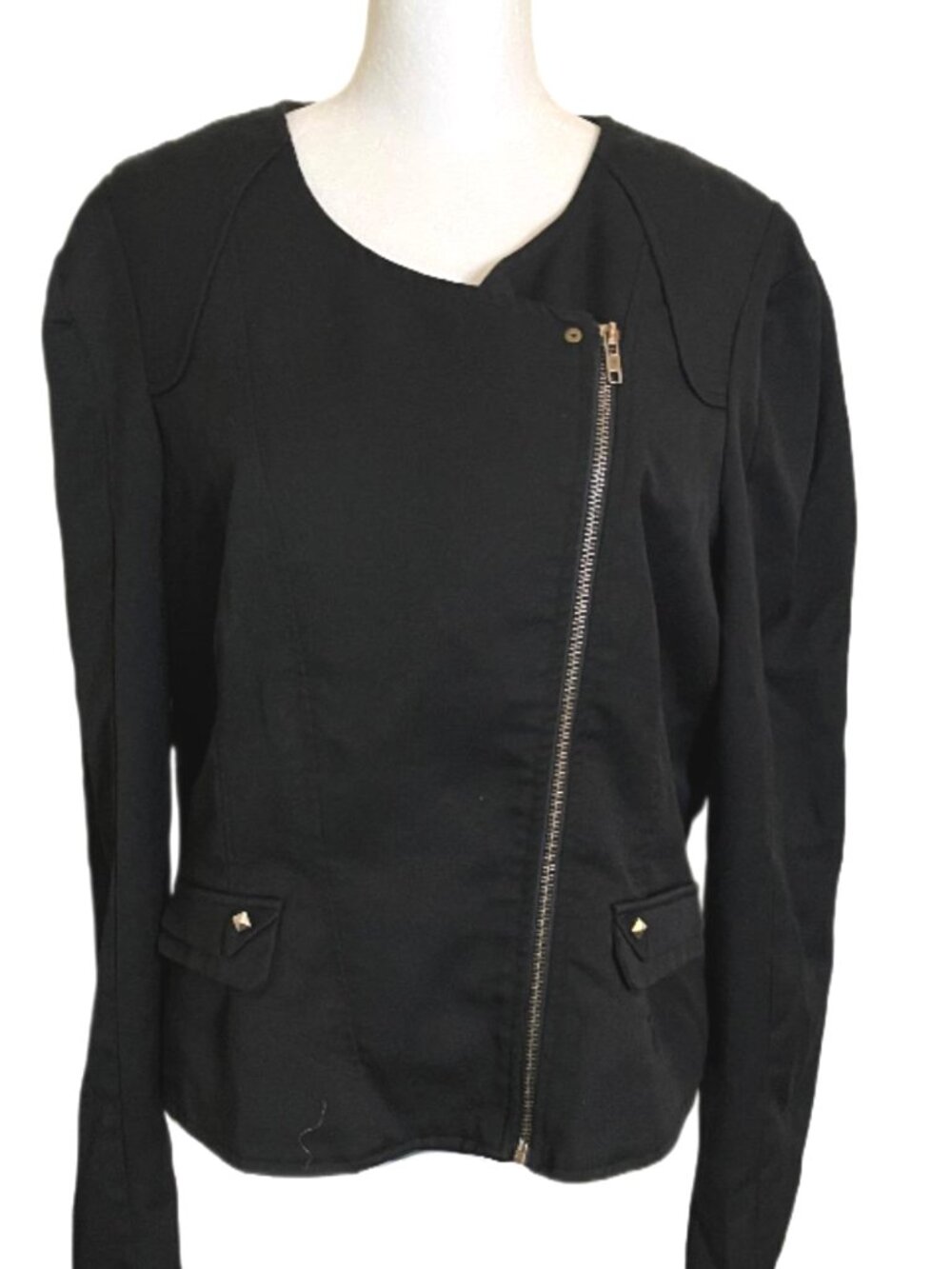 Ally Black Asymmetrical Full Front Zipper Faux Flap Pockets Moto Jacket Size XL
